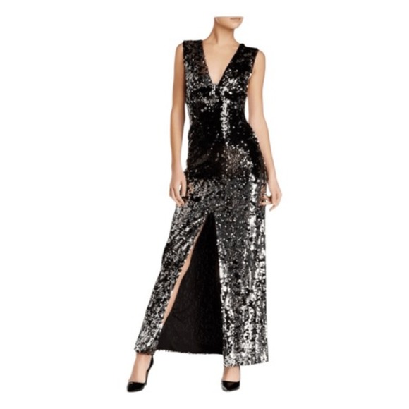 Rachel Zoe Venus Sequin Evening Gown Black Silver Sleeveless V-Neck Maxi Dress 6